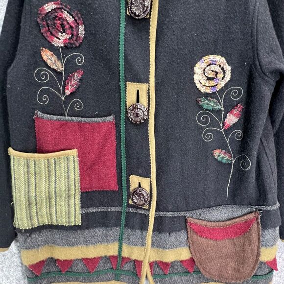 Parsley & Sage Sweater Jacket Womens S Black Multi Wool Patchwork Artful Cottage - Picture 4 of 16